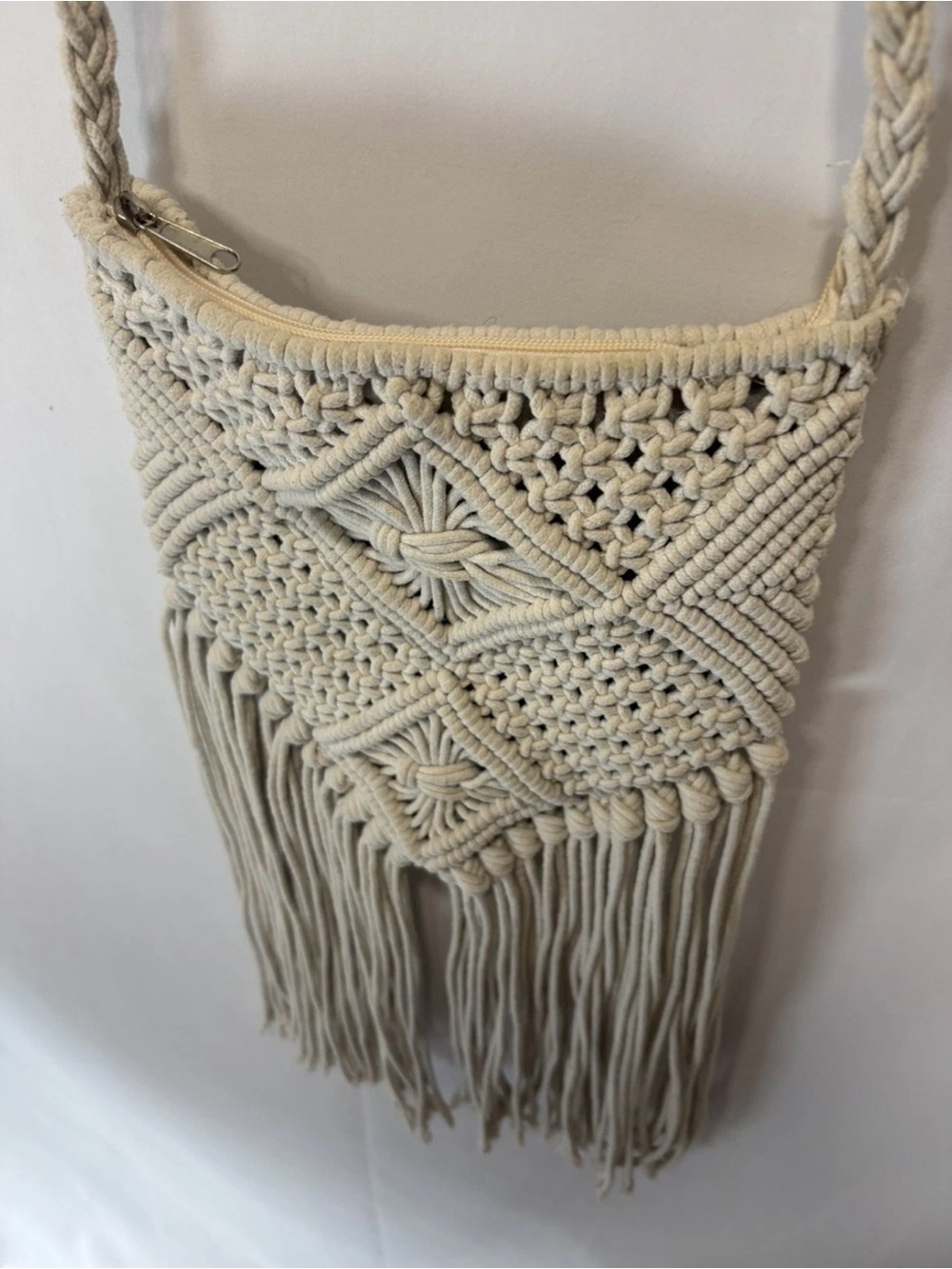 Bohemian Macrame Fringe Crossbody Bag Hand Knotted Cotton Bag Zip Close Cream